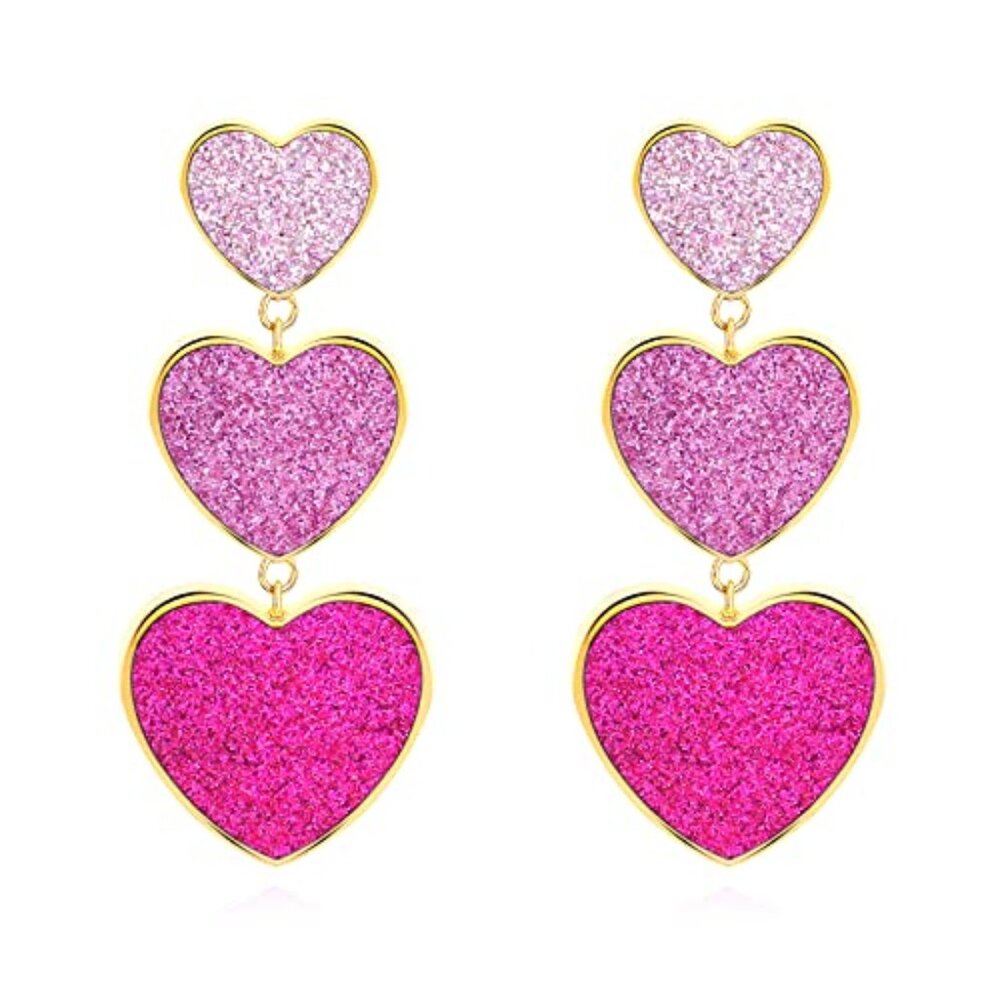 Heart Earrings for Women Valentines Pink Layered Glitter Gold Valentines Day
